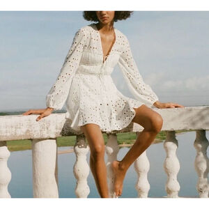 Zara White Eyelet Embroidered Dress Balloon Sleeve Size L